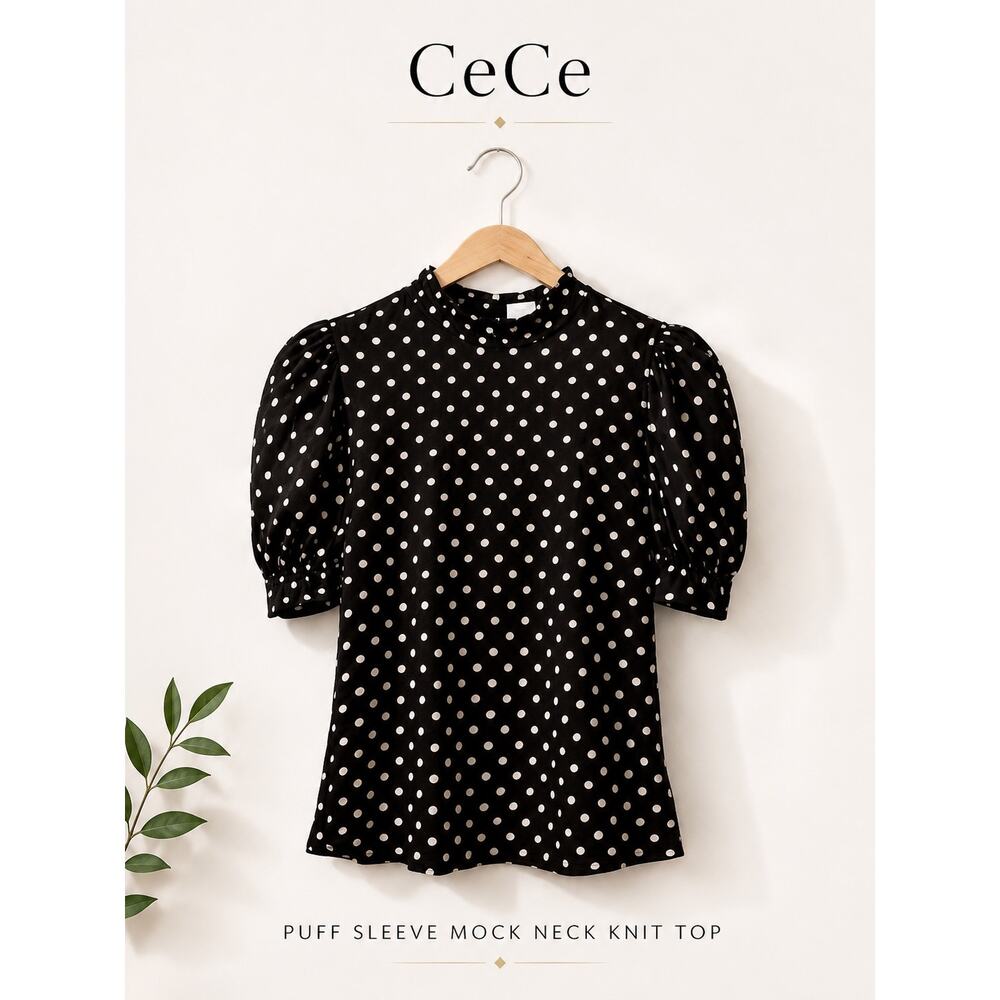 CeCe Small Puff Sleeve Polka Dot Mock Neck Knit Top Black White Ruffle Trim